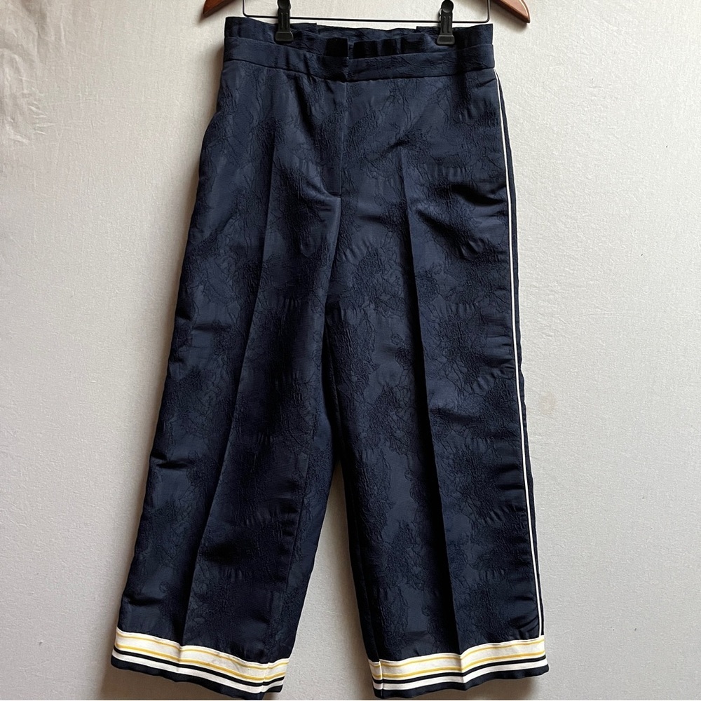 Zara Navy Floral Jacquard Wide Leg Culottes Yellow White Stripe Size S